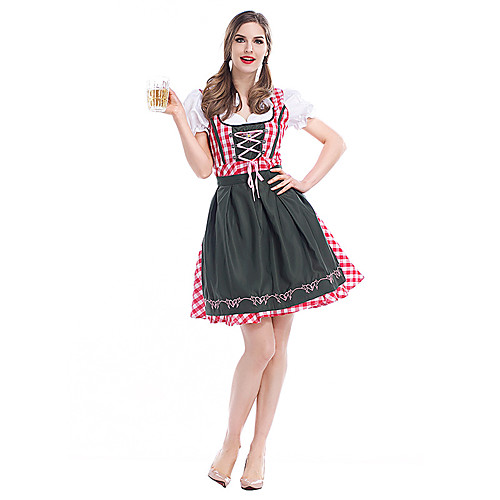 фото Октоберфест широкая юбка в сборку trachtenkleider жен. платье фартук баварский костюм красный черный / тюль / хлопок lightinthebox