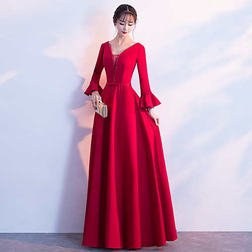 

А-силуэт V-образный вырез В пол Стретч-сатин Торжественное мероприятие Платье с Бусины / Пояс / лента от LAN TING Express