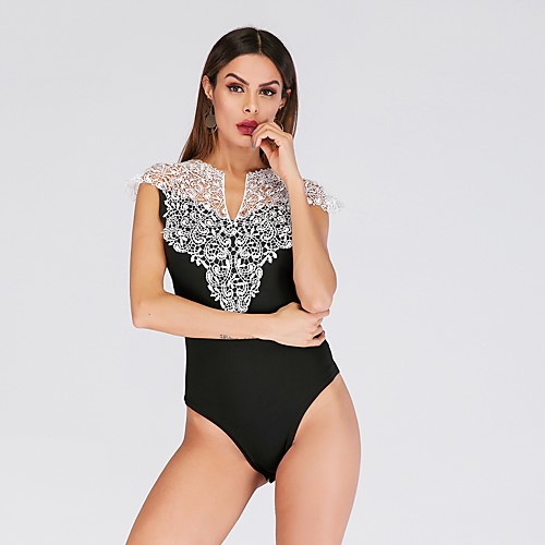 

Жен. Классический Черный Закрытый купальник Купальники - Однотонный Кружева Открытая спина M L XL Черный