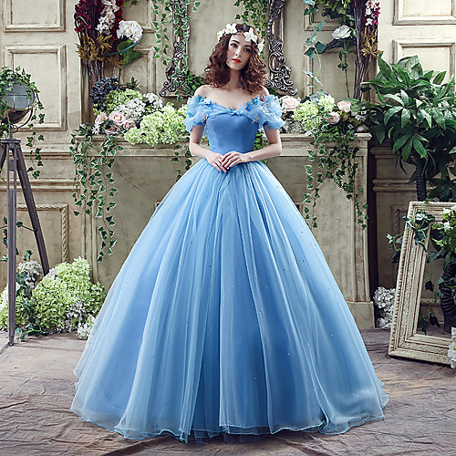 

Ball Gown Off Shoulder Chapel Train Satin / Tulle Sexy / Blue Prom / Quinceanera Dress with Appliques 2020 / Puff / Balloon Sleeve