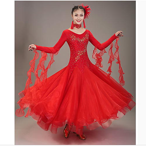 

Ballroom Dance Dress Appliques Women's Performance Long Sleeve Natural Organza Spandex