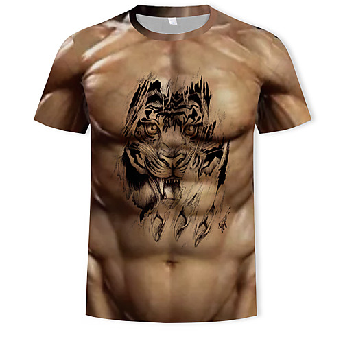 

Men's 3D Animal Tiger Print T-shirt Sexy Rock Club Gym Khaki