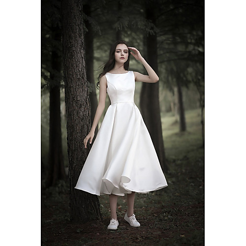 

A-Line Jewel Neck Tea Length Chiffon Over Satin Cap Sleeve Simple / Casual Little White Dress Wedding Dresses with 2020