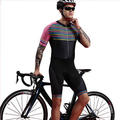 

BOESTALK Men's Short Sleeve Triathlon Tri Suit One Piece Swimsuit Pink / Black Bike Breathable Moisture Wicking Quick Dry Back Pocket Sports Spandex Horizontal Stripes Mountain Bike MTB Road Bike