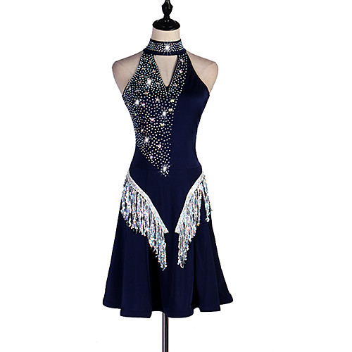 

Latin Dance Dresses Women's Performance Spandex / Organza Tassel / Crystals / Rhinestones Sleeveless Dress