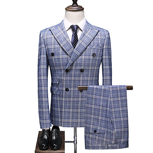 

Sky Blue Checkered Slim Fit Polyester Suit - Peak Double Breasted Four-buttons