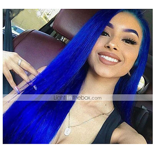 

Human Hair 13x6 Closure Wig Asymmetrical Deep Parting Free Part style Brazilian Hair Natural Straight Blue Wig 150% Density with Baby Hair Natural Hairline African American Wig For Black Women With