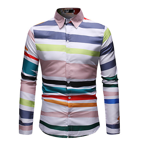 

Men's Holiday Going out Casual / Daily Basic / Street chic EU / US Size Cotton Shirt - Striped Print Classic Collar Rainbow / Long Sleeve