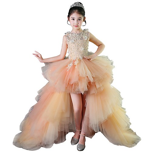 

A-Line Asymmetrical Wedding / Pageant Flower Girl Dresses - Tulle Sleeveless Jewel Neck with Tier / Appliques