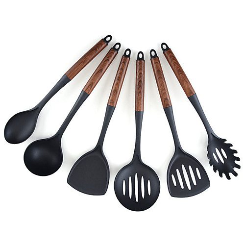 

6 PCS stainless steel spoon colander cooking scoop shovel wood handle kitchen tool suite silicone kitchen utensils and suits