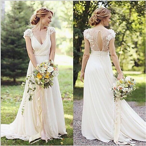 

A-Line V Neck Sweep / Brush Train Lace Cap Sleeve Country / Romantic Illusion Detail / Backless Wedding Dresses with Appliques 2020
