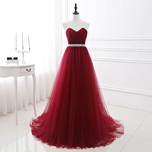 

A-Line Strapless Court Train Satin / Tulle Vintage Inspired / Minimalist Formal Evening Dress 2020 with Beading