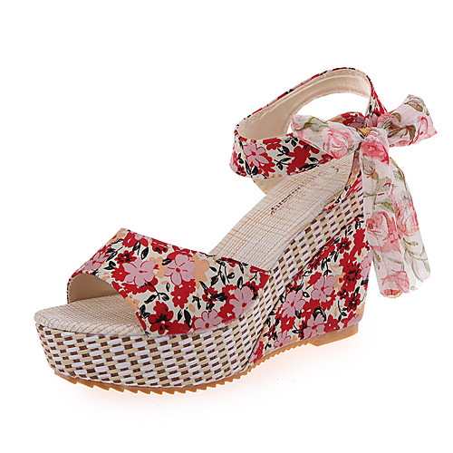 

Women's Sandals Wedge Heel Peep Toe Nylon Sweet Summer Red / Black / Light Blue