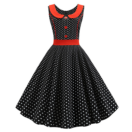 

Women's Basic Chinoiserie A Line Swing Dress - Polka Dot Color Block Print Black L XL XXL