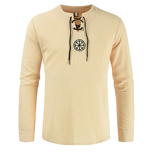 

Men's Street Casual / Daily Vintage / Basic Plus Size Linen T-shirt - Solid Colored Lace up / Embroidered V Neck Beige / Long Sleeve