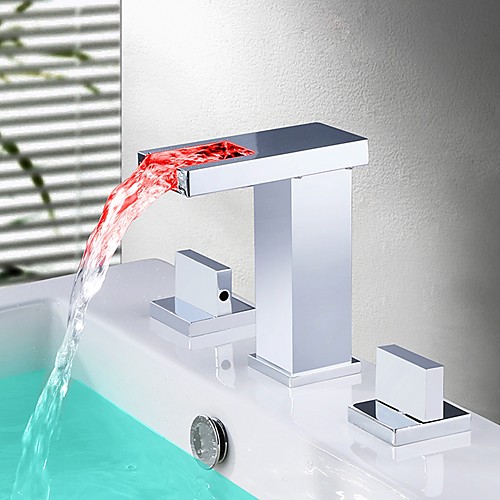 

Ванная раковина кран - Водопад / LED Хром Разбросанная Две ручки три отверстияBath Taps