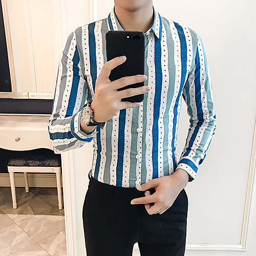

Men's Daily Going out Basic / Elegant Shirt - Striped / Color Block Light Blue