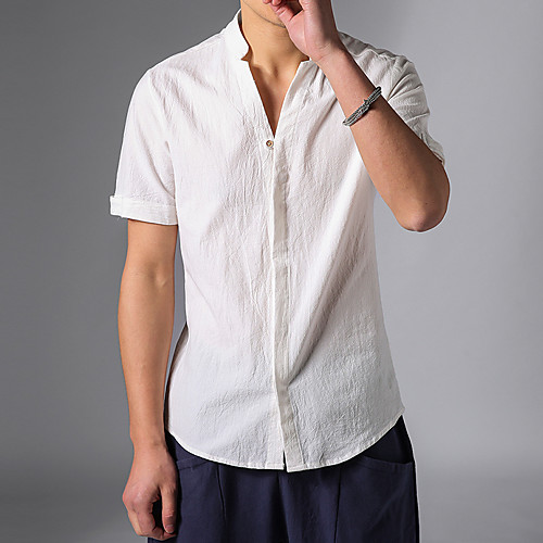 

Муж. Рубашка Лён, V-образный вырез Шинуазери (китайский стиль) Однотонный Белый / С короткими рукавами