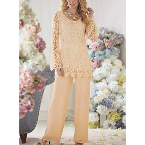 

Two Piece / Pantsuit / Jumpsuit Scoop Neck Ankle Length Chiffon / Lace Long Sleeve Plus Size Mother of the Bride Dress with Lace Mother's Day 2020