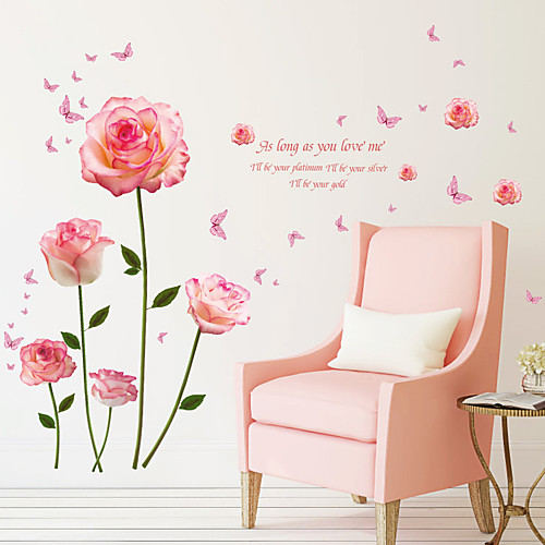 

наклейки на стену с розовыми романтическими цветами - плоские настенные наклейки цветочные / ботанические / ландшафтный кабинет / офис / столовая / кухня