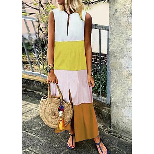 

Women's Maxi Yellow Red Dress Street chic T Shirt Color Block Crew Neck Patchwork S M
