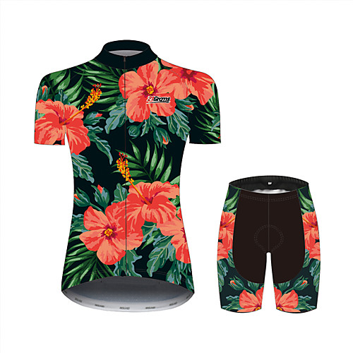 

21Grams Floral Botanical Hawaii Women's Short Sleeve Cycling Jersey with Shorts - Black / Red Bike Clothing Suit Breathable Quick Dry Moisture Wicking Sports 100% Polyester Mountain Bike MTB Clothing