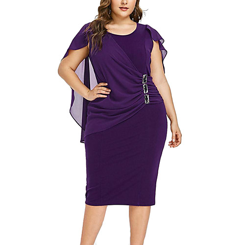 

Women's Plus Size Sheath Dress - Short Sleeve Solid Colored Pleated Patchwork Elegant Sophisticated Belt Not Included Wine Black Purple XL XXL XXXL XXXXL XXXXXL