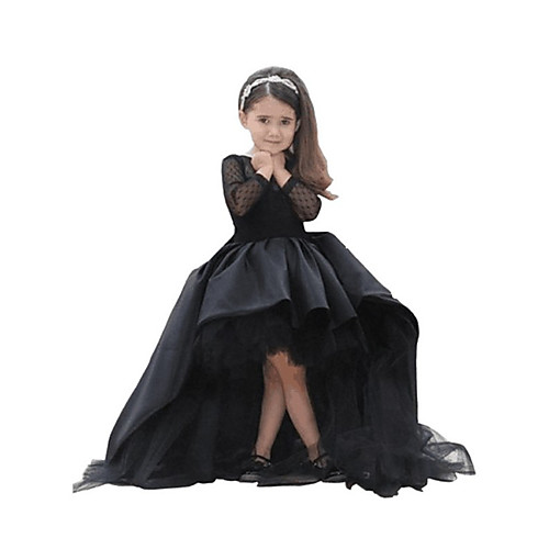 

A-Line Asymmetrical Flower Girl Dress - Taffeta / Tulle Long Sleeve Jewel Neck with Crystals / Rhinestones / First Communion