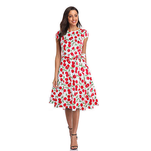 

Women's Swing Dress Midi Dress - Short Sleeves Print Summer Vintage 2020 Wine Red Dusty Blue S M L XL XXL
