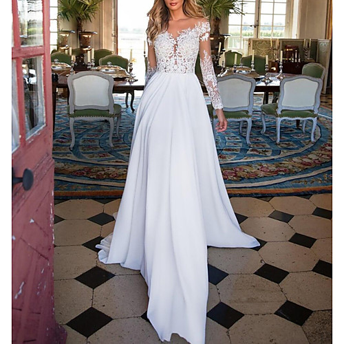 

A-Line V Neck Sweep / Brush Train Chiffon / Lace Long Sleeve Romantic Illusion Detail Made-To-Measure Wedding Dresses with Beading 2020