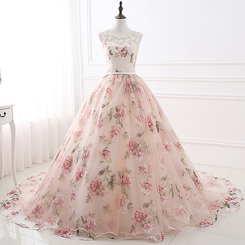 

Ball Gown Illusion Neck Chapel Train Satin / Tulle Floral / Pink Formal Evening / Quinceanera Dress with Beading / Appliques / Pattern / Print 2020