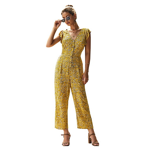 

Women's Basic Deep V Yellow Blue Red Slim Jumpsuit Onesie, Floral Print S M L