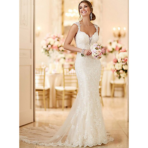 

Mermaid / Trumpet V Neck Sweep / Brush Train Lace Spaghetti Strap Mordern / Sexy Backless Made-To-Measure Wedding Dresses with 2020