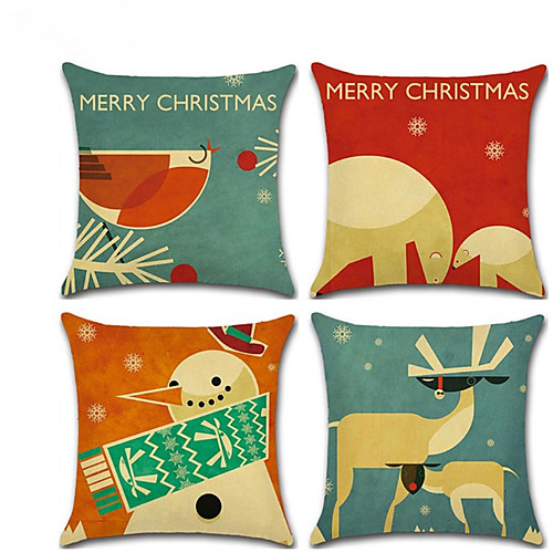 

4 pcs Linen Pillow Cover, Holiday Cartoon Traditional Christmas Throw Pillow