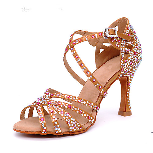 

Women's Dance Shoes Satin Latin Shoes Crystal / Rhinestone Heel Flared Heel Customizable Brown / Performance