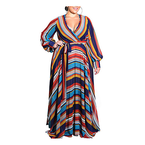 

Women's Maxi Plus Size Orange Blue Dress Boho Shift Striped Deep V L XL