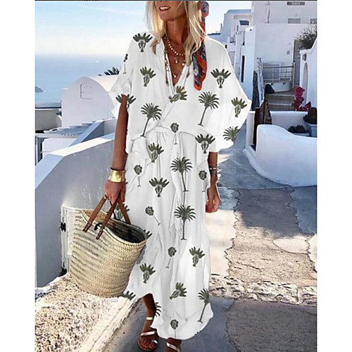 

Women's Yellow White Dress Boho Sophisticated Spring & Summer Going out Weekend A Line Loose Sundress Rainbow Solid Color Fruit Batwing Sleeve Lion Lemon White Lace up Patchwork Print S M