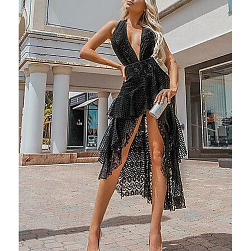 

Women's Asymmetrical Black Dress Elegant Sexy Party Homecoming A Line Solid Color Deep V Lace S M