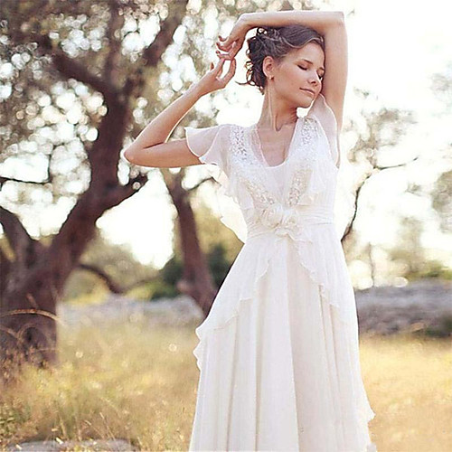 

A-Line V Neck Sweep / Brush Train Chiffon Short Sleeve Country / Casual / Boho Little White Dress / See-Through Wedding Dresses with Beading / Appliques 2020