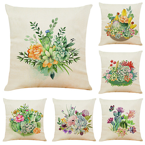 

Set of 6 Cactus Succulents Linen Square Decorative Throw Pillow Cases Sofa Cushion Covers 18x18