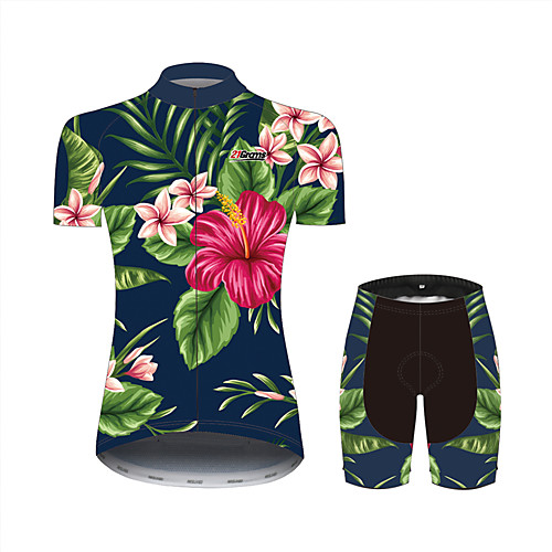 

21Grams Floral Botanical Hawaii Women's Short Sleeve Cycling Jersey with Shorts - Black / Green Bike Clothing Suit Breathable Moisture Wicking Quick Dry Sports 100% Polyester Mountain Bike MTB