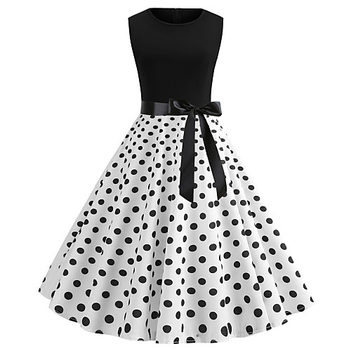 

Women's White Dress Vintage Street chic Little Black Polka Dot Print S M Slim