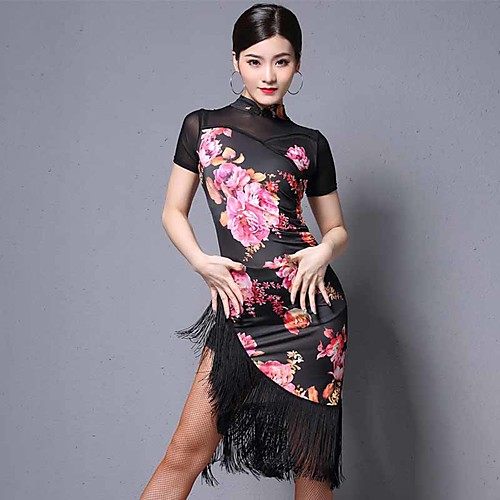

Latin Dance Dresses Women's Performance Polyester / Tulle Tassel / Pattern / Print Short Sleeve Dress