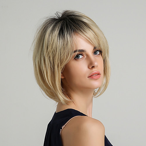 

Synthetic Hair Machine Made Wig Bob Layered Haircut Short Hairstyles 2020 style Straight Natural Straight Ombre Wig 10 inch Dark Roots Women's Short Synthetic Wig