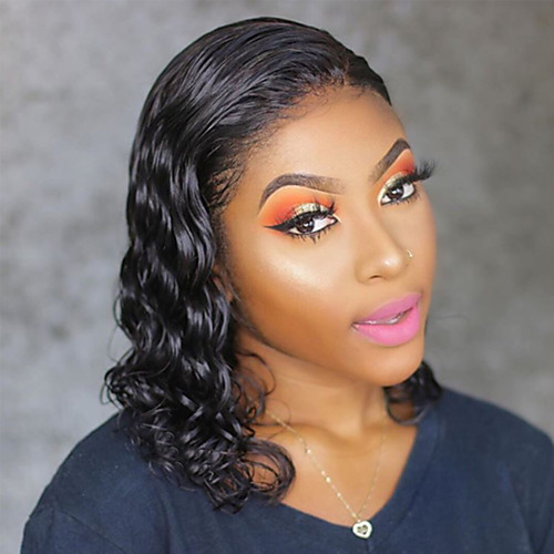 

Human Hair Lace Front Wig Bob Short Bob Side Part style Brazilian Hair Wavy Black Wig 130% Density with Baby Hair Natural Hairline For Black Women 100% Virgin 100% Hand Tied Women's Short Human Hair