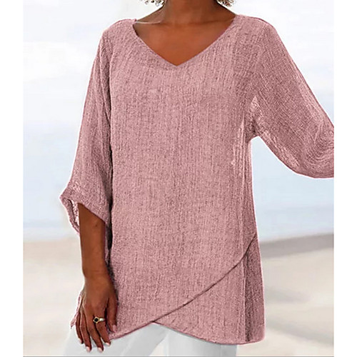 

Women's Daily Wear Cotton Loose T-shirt - Solid Colored Dusty Rose V Neck Blushing Pink