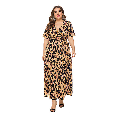 

Women's Plus Size Maxi A Line Dress - Short Sleeve Leopard Print Wrap V Neck Black Camel XL XXL XXXL XXXXL XXXXXL XXXXXXL