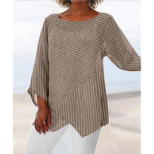 

Women's Street Casual / Daily Basic / Vintage T-shirt - Striped Patchwork / Print Camel