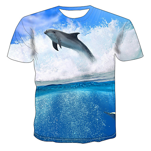 

Men's Daily Going out Basic / Exaggerated T-shirt - Color Block / 3D / Animal Mermaid Tail, Print Light Blue