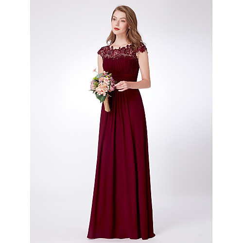 

A-Line Scalloped Neckline Floor Length Chiffon Empire / Red Wedding Guest / Prom Dress with Draping / Lace Insert 2020